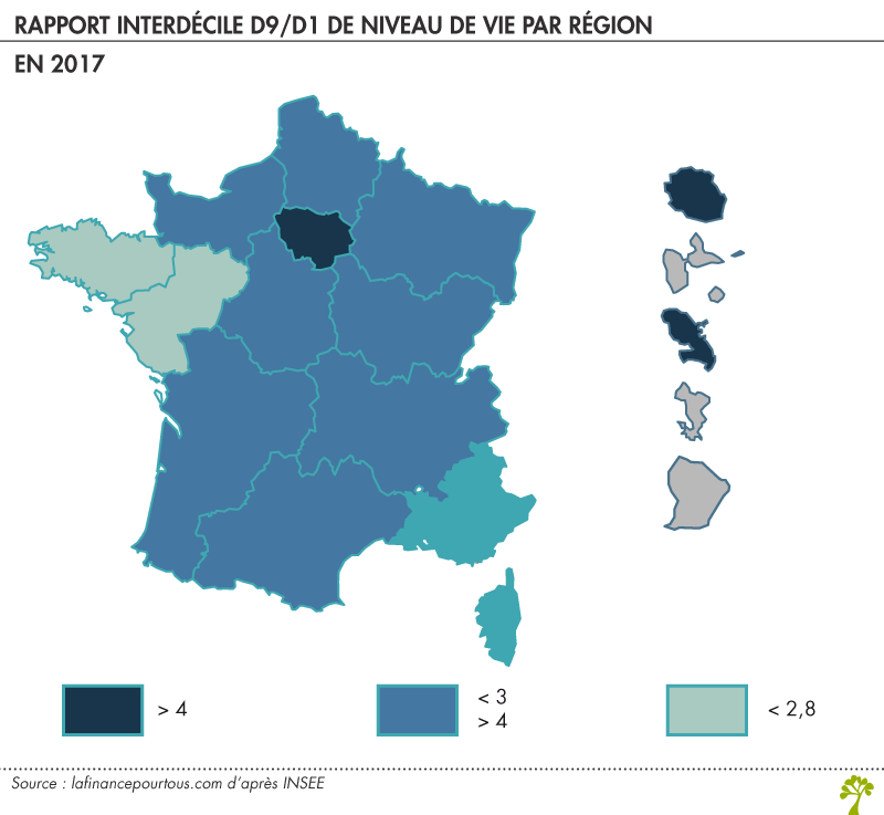 Rapport interdécile D9/D1 de niveau de vie par région