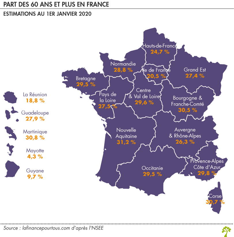 Part des plus de 60 ans en France par région