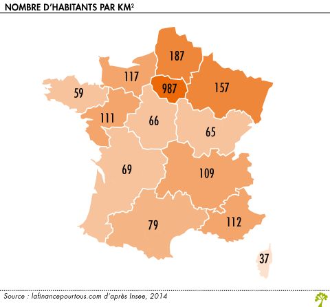 Regions nombre d habitants par Km2